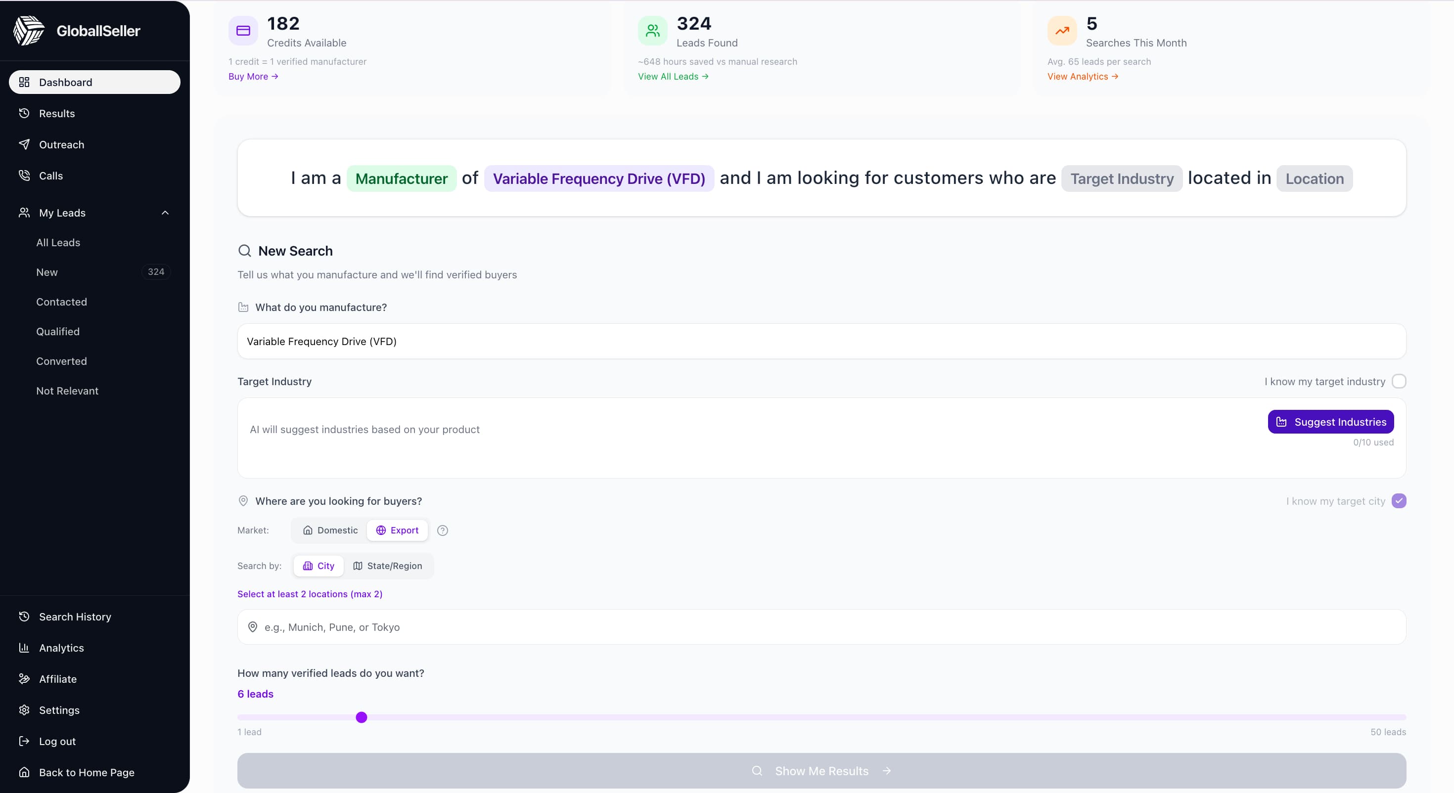 GloballSeller dashboard showing verified OEM buyer discovery results for manufacturers