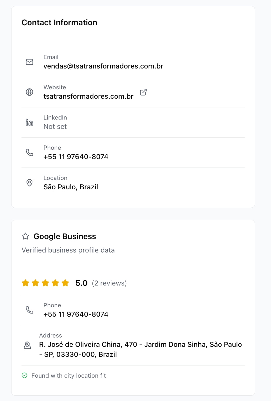 Contact information and Google Business profile details for a verified buyer