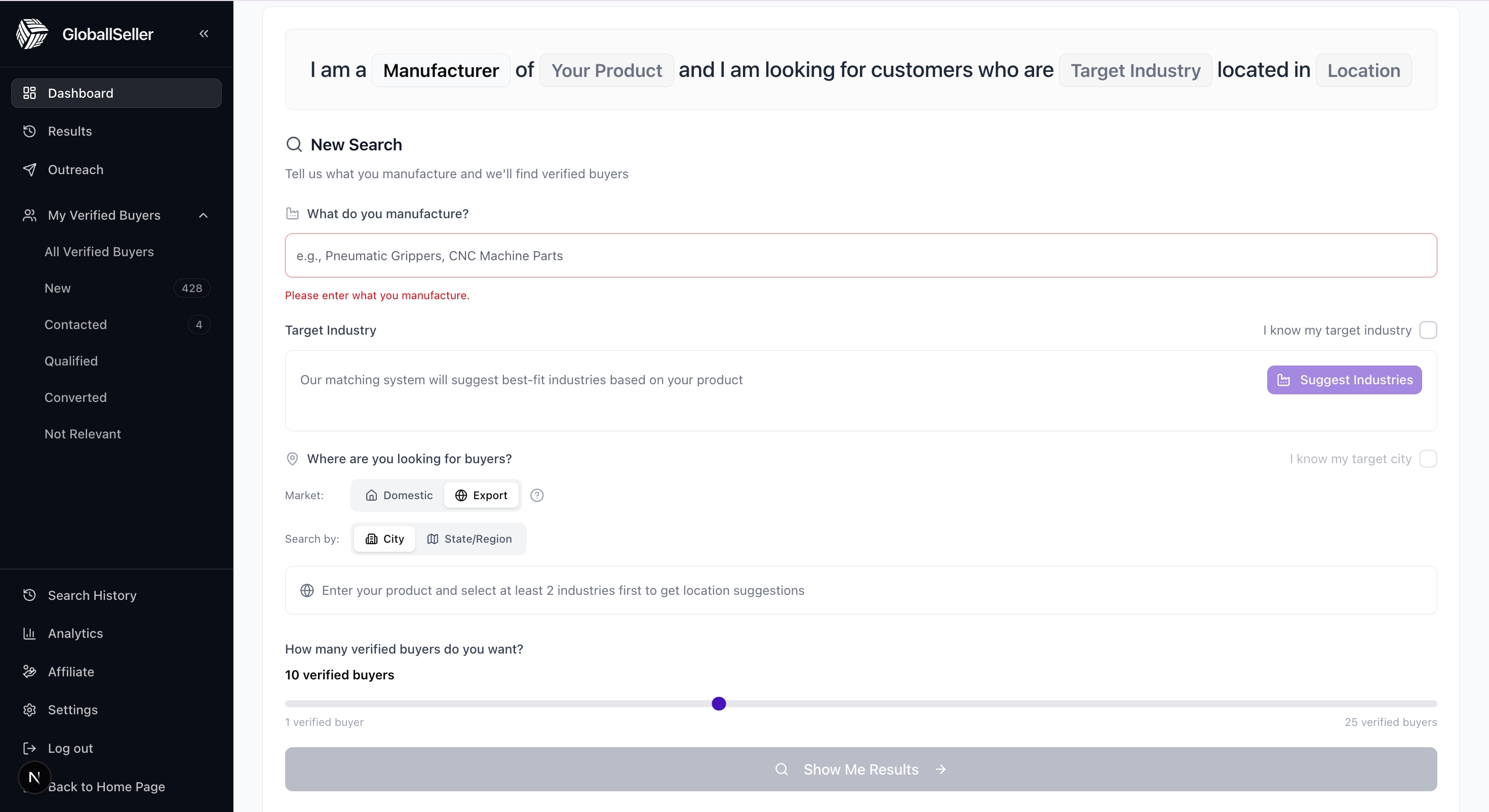 GloballSeller dashboard search form for entering a manufactured product