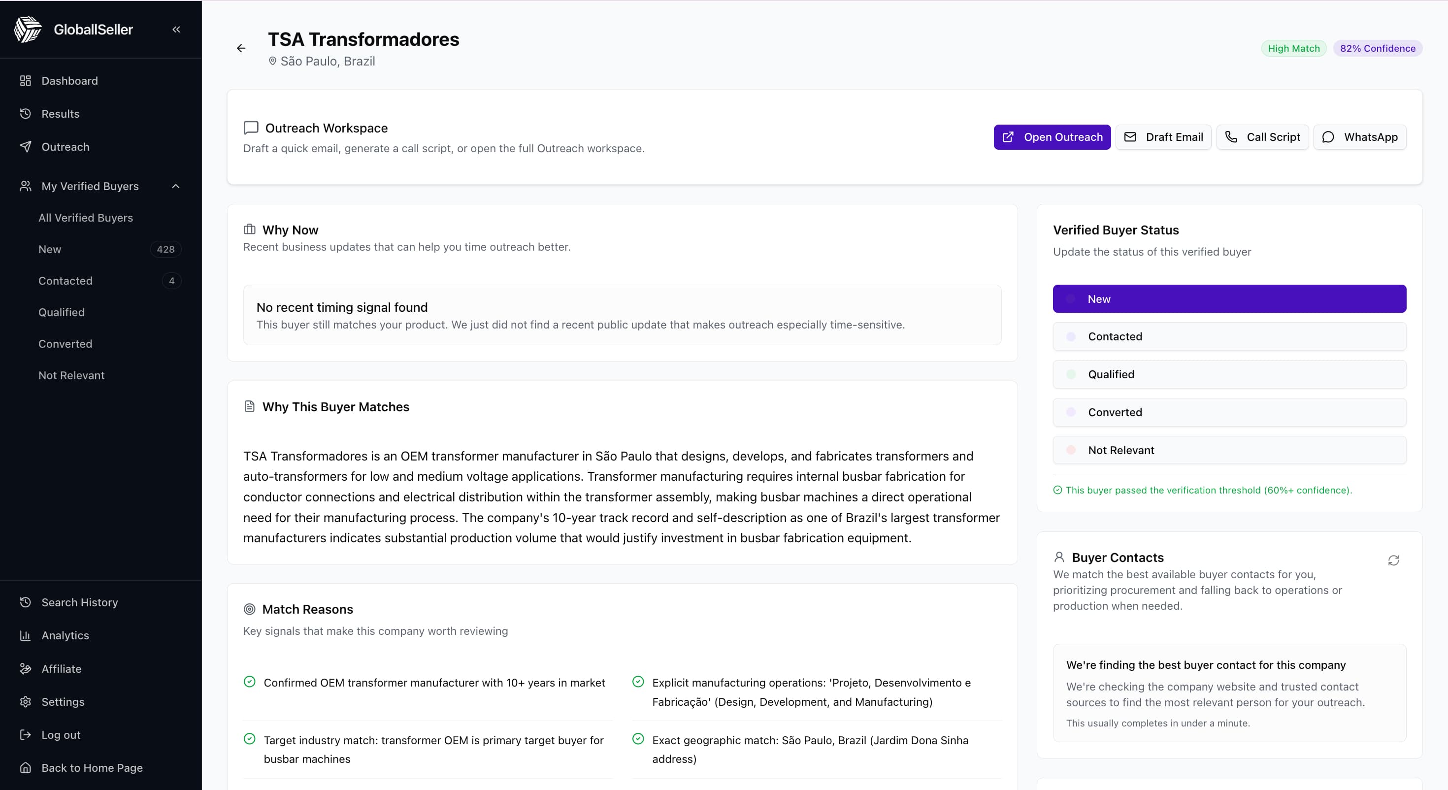 GloballSeller verified buyer detail page with match reasons and outreach actions