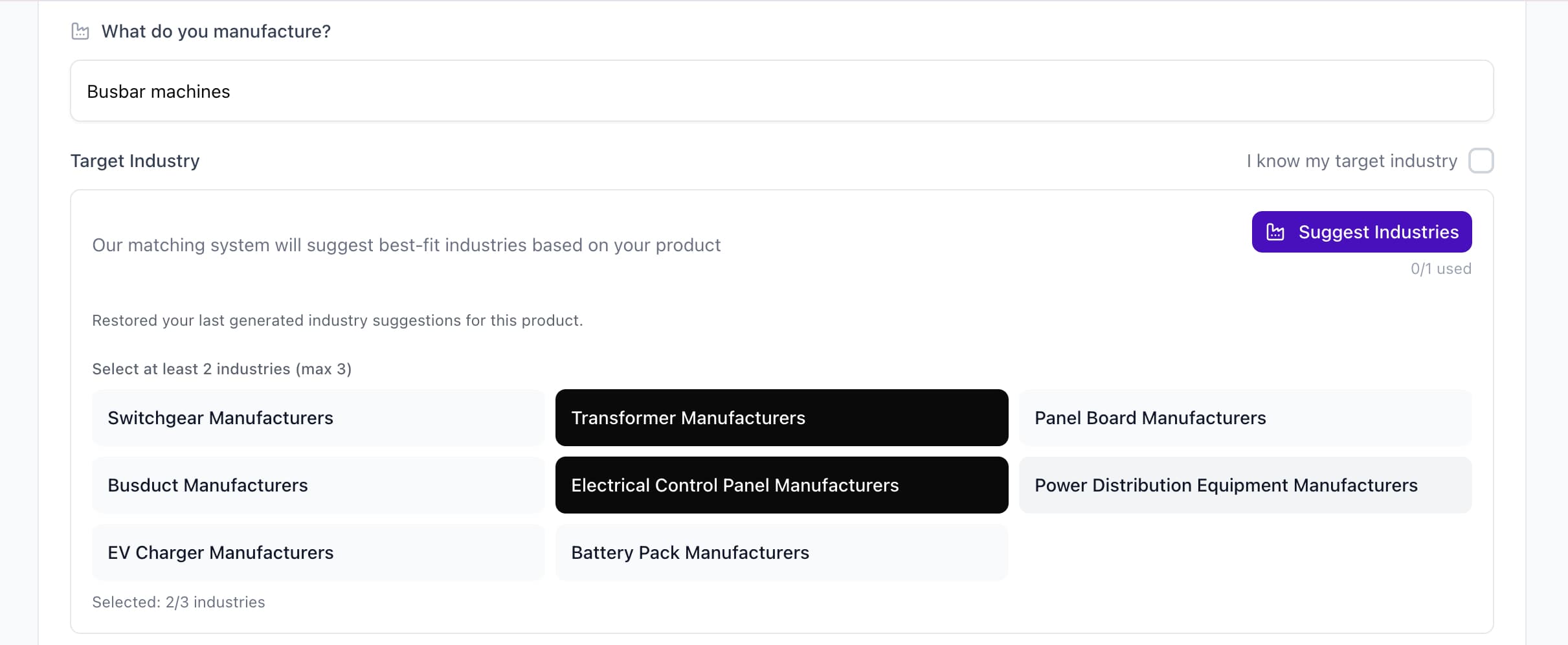 GloballSeller dashboard showing suggested target industries for busbar machines