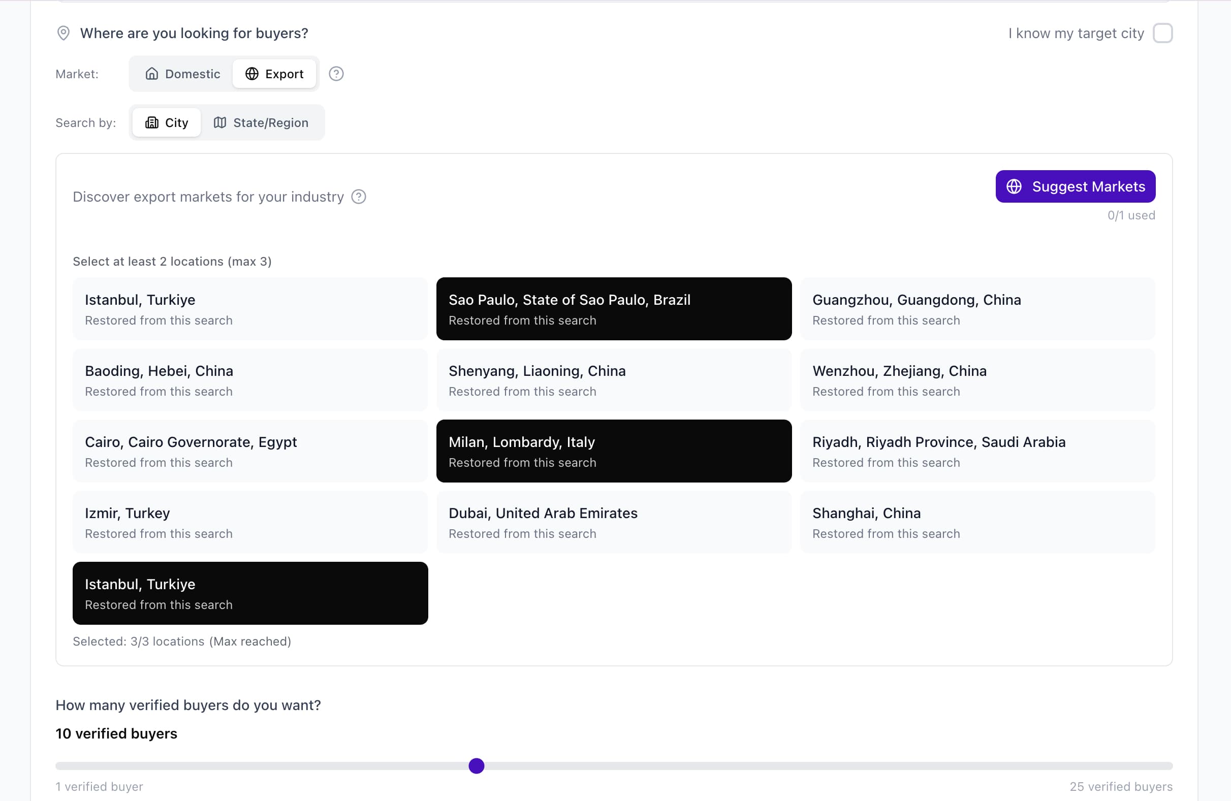 GloballSeller dashboard showing suggested export markets and cities