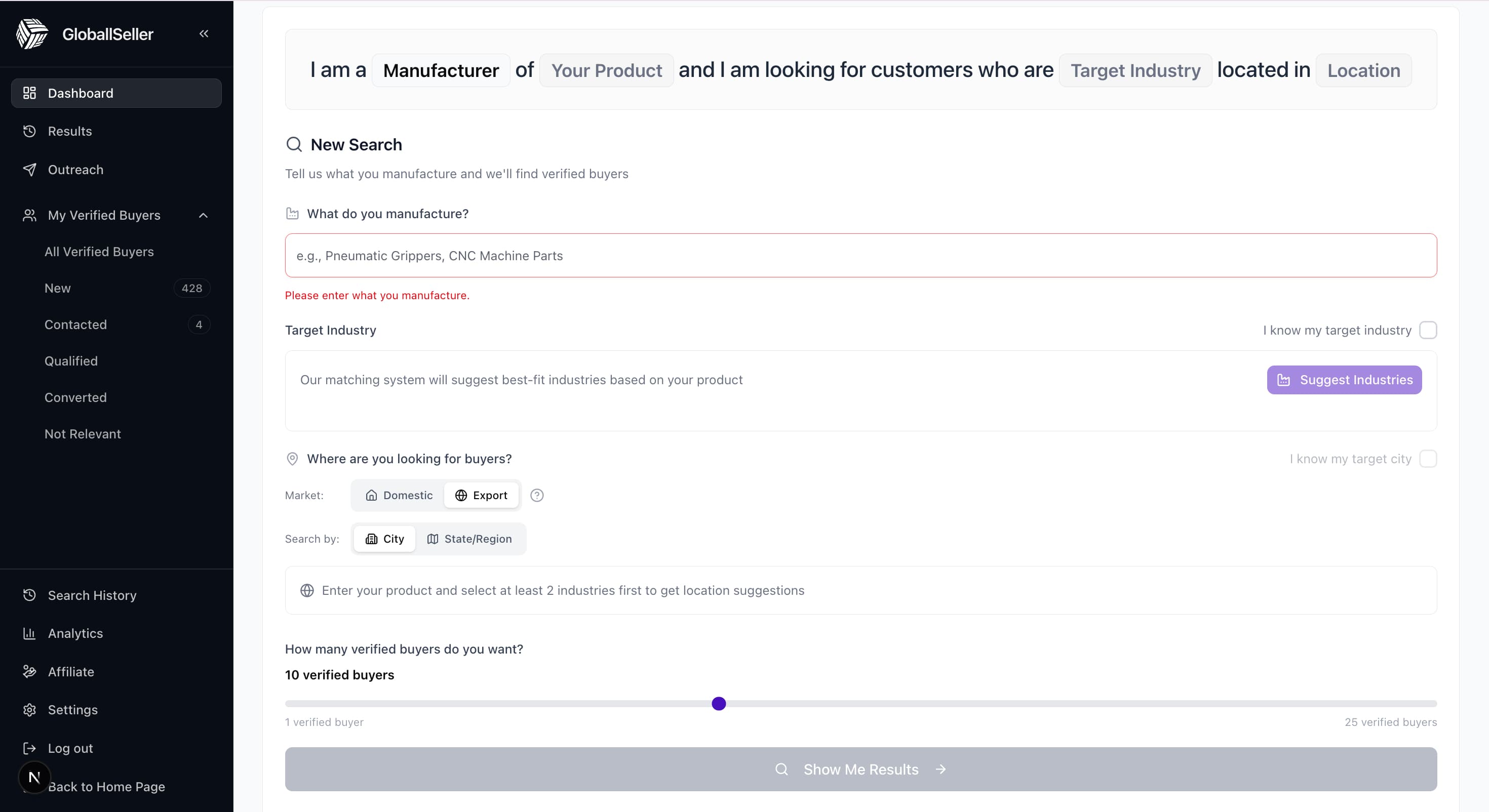 GloballSeller dashboard search form for entering a manufactured product
