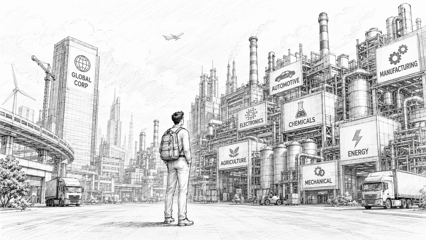 Salesman viewing global buyer industries across the world